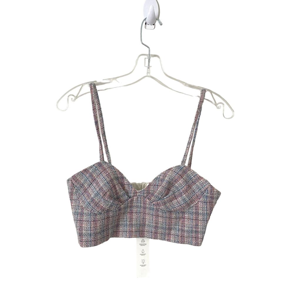 Zara Crop Plaid Tweed Top Pink Blue Size Small NEW